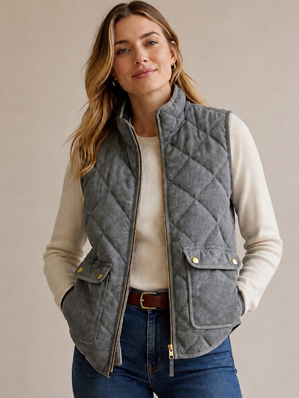 J.Crew Quilted Excursion Vest Gray Gold Hardware Puffer Utility Size Small